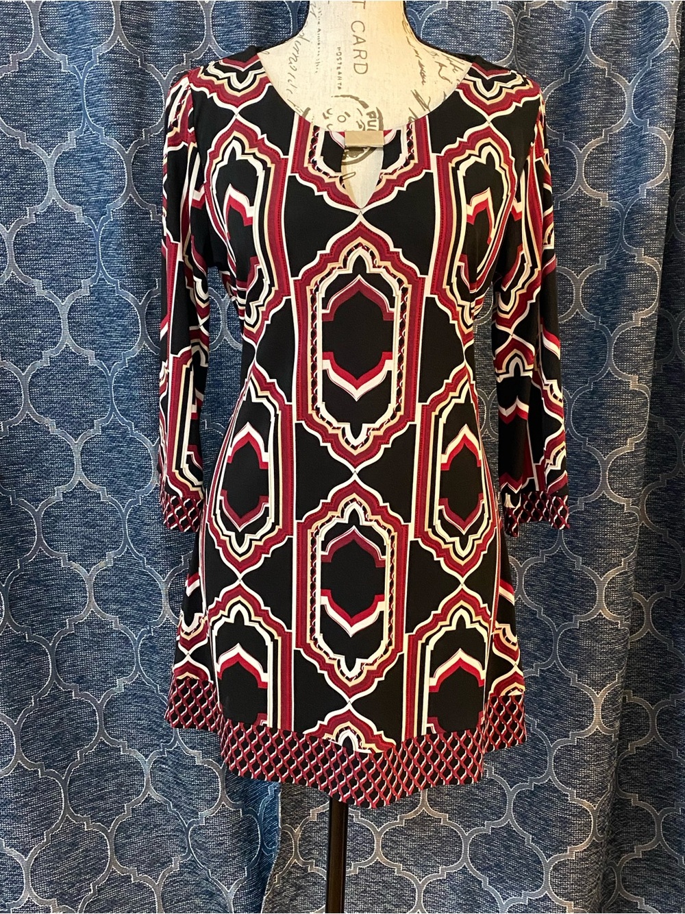 White House Black Market Black & Burgundy Geometric Long-Sleeve Tunic Dress